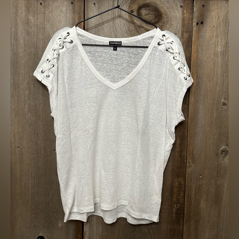 NWOT Express Dolman Lace Up Shoulder V-neck Linen Top in Cream Size Medium